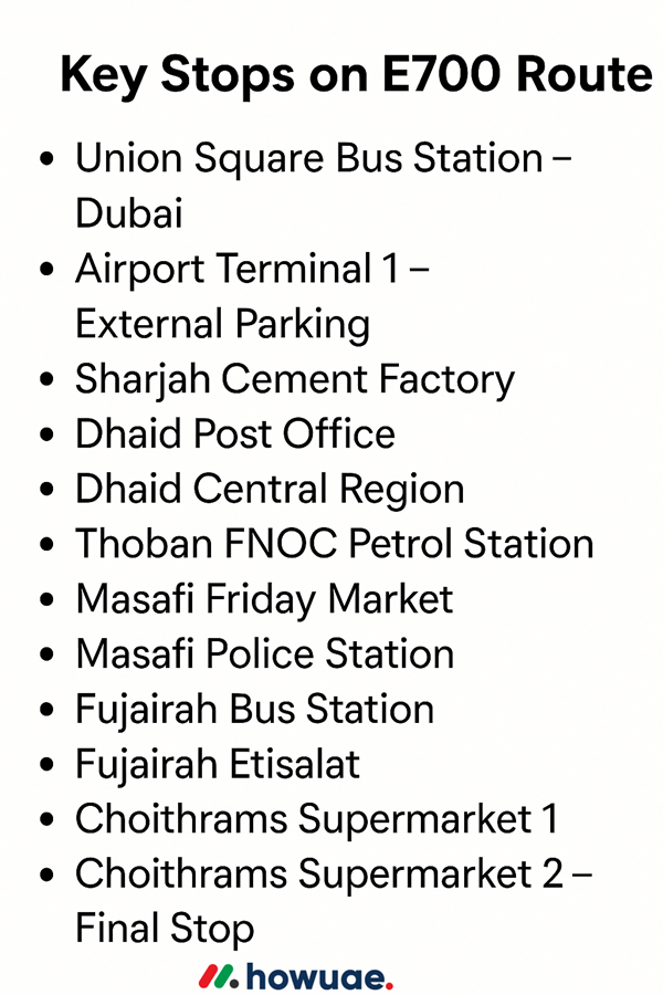 Dubai to Fujairah Bus Route (E700) Stops